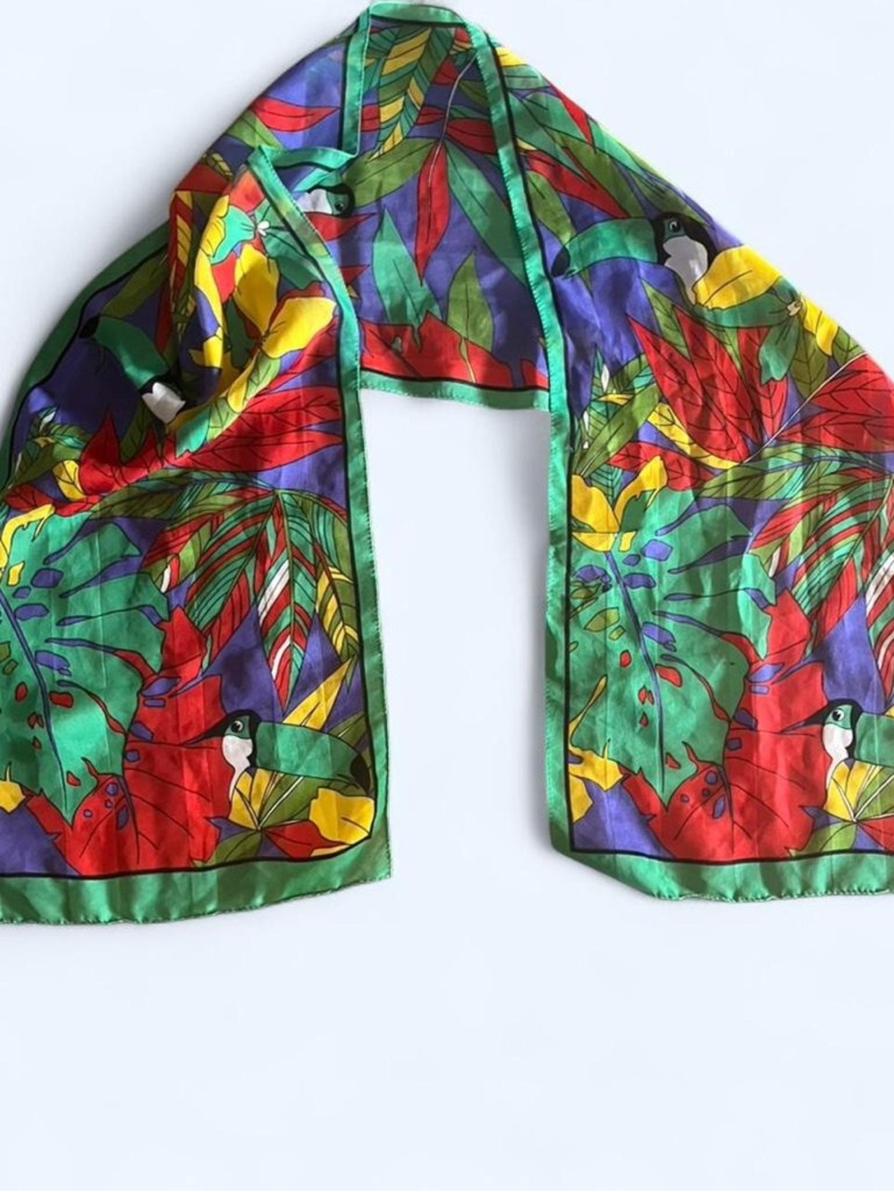 Tropical Multicolor Satin Scarf with Toucan Motif